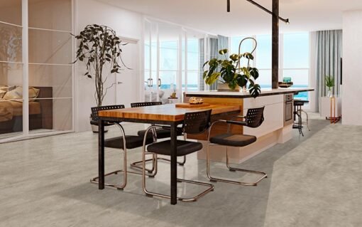 rusvos vinilinės grindys betono imitacija Ebenbild virtuvėje